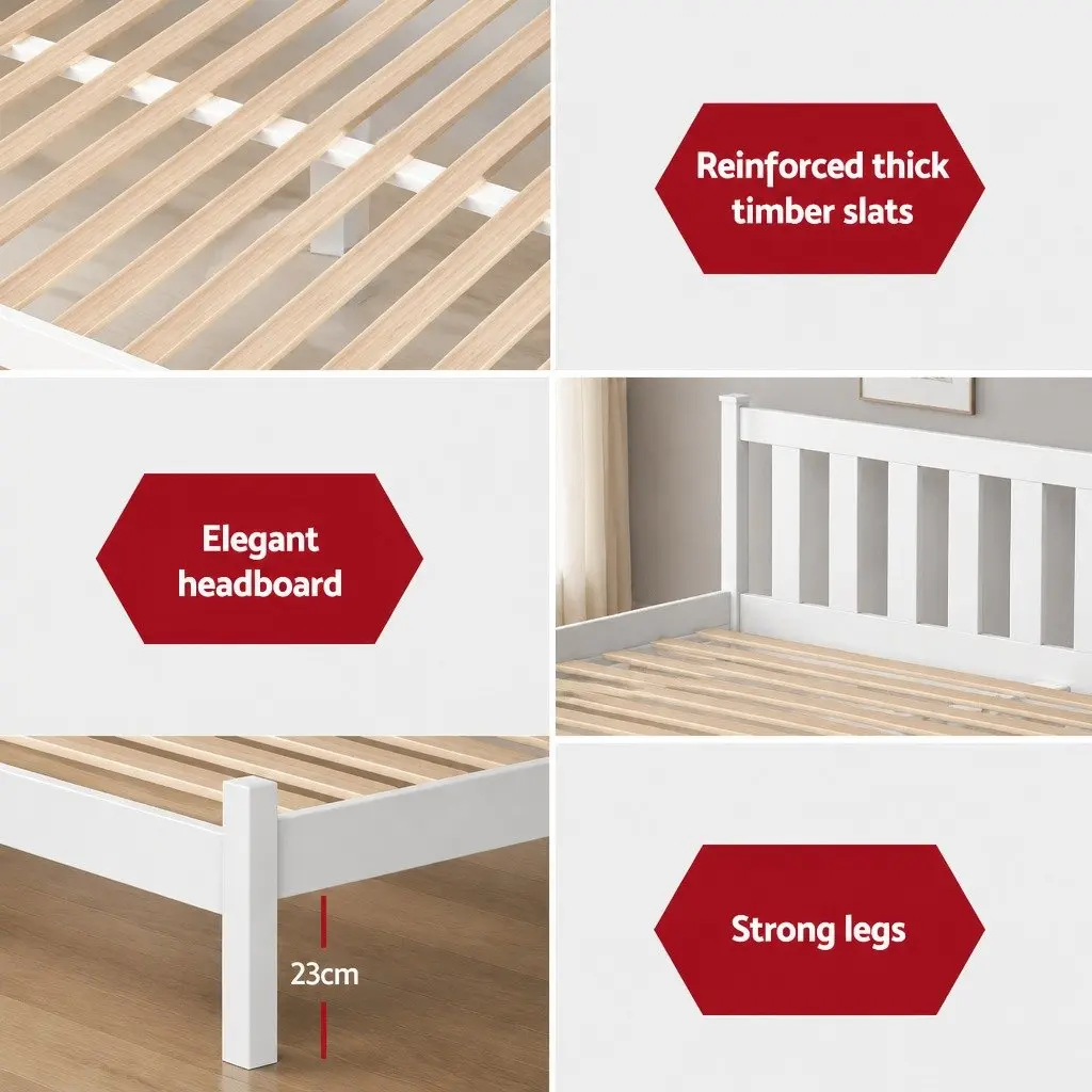 Double Bed Frame Pine Wood White with Storage Drawers
