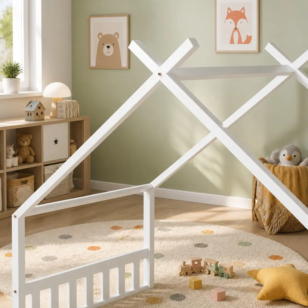 Kids Single House Bed Frame Wooden Base Timber Playhouse White Bedroom Furniture