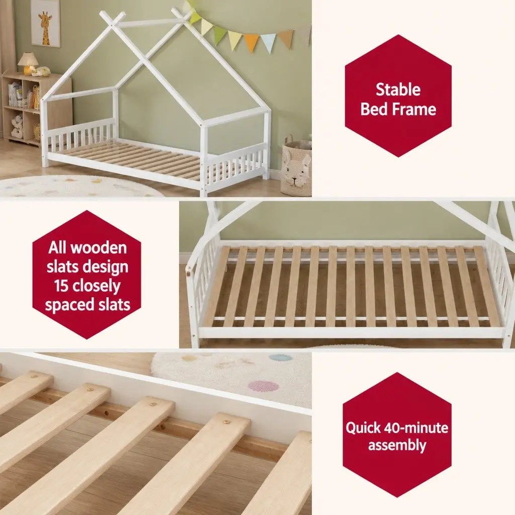 Kids Single House Bed Frame Wooden Base Timber Playhouse White Bedroom Furniture