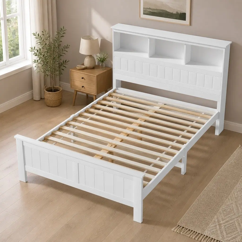 Double Bed Frame White Wooden with 3 Storage Shelves Headboard