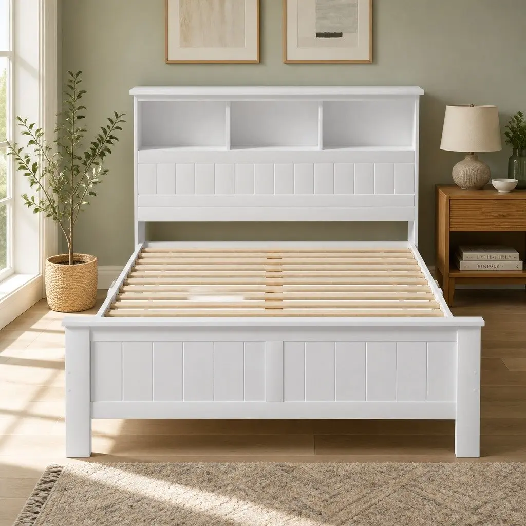 Double Bed Frame White Wooden with 3 Storage Shelves Headboard