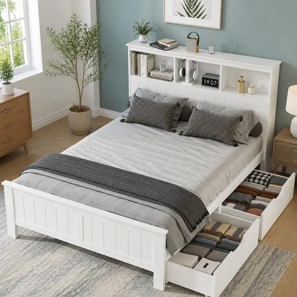 Double Bed Frame Wooden White Headboard Storage Shelves for Kids Adults Bedroom
