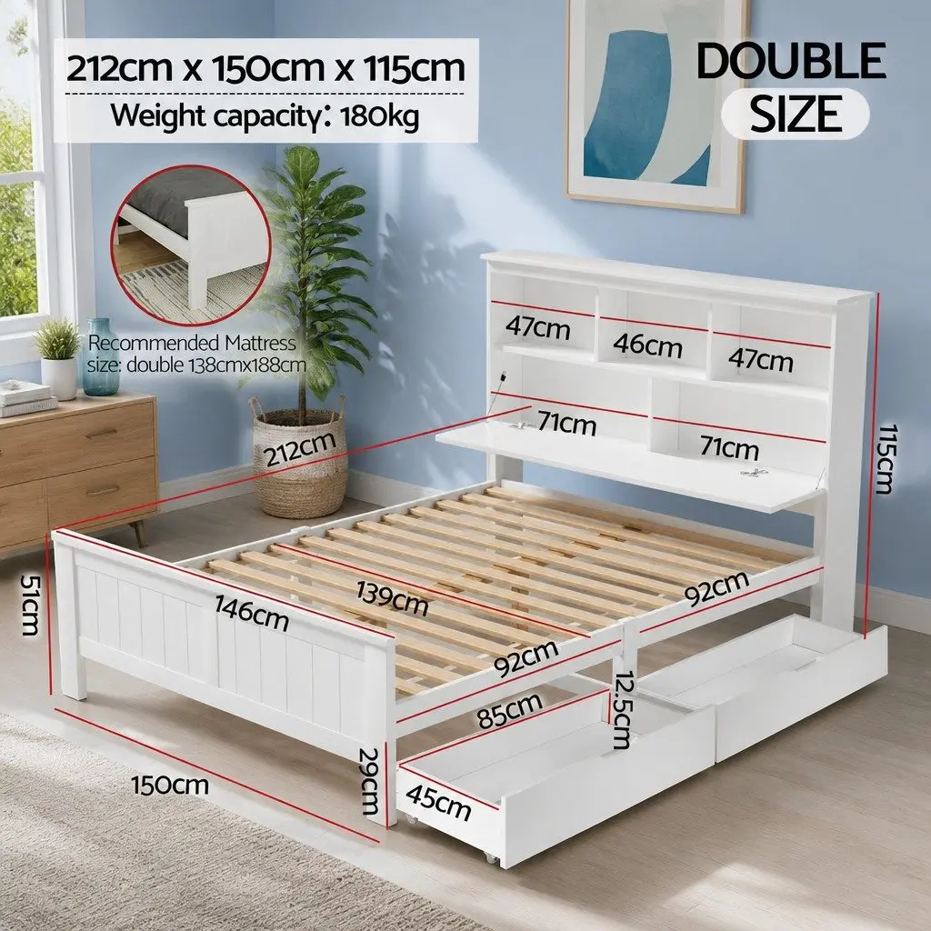 Double Bed Frame Wooden White Headboard Storage Shelves for Kids Adults Bedroom