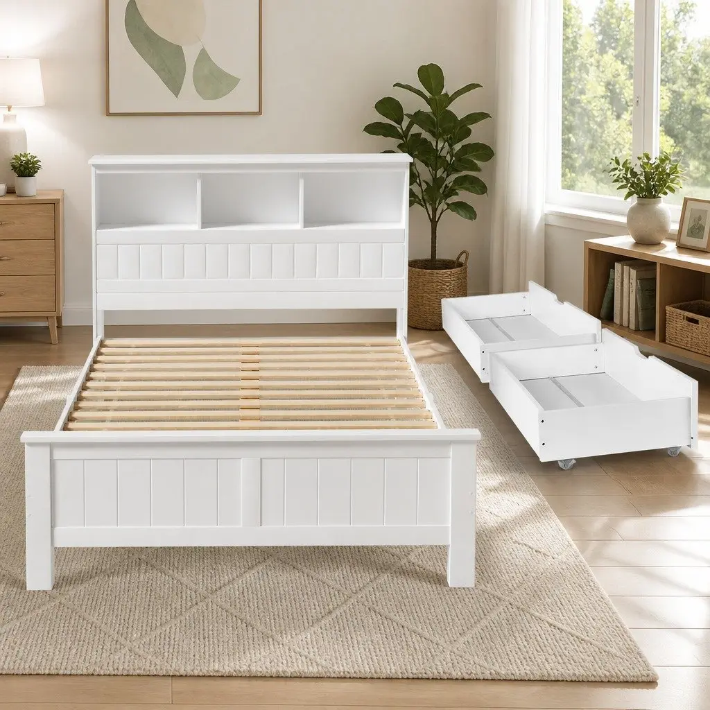 Double Bed Frame Wooden White Headboard Storage Shelves for Kids Adults Bedroom
