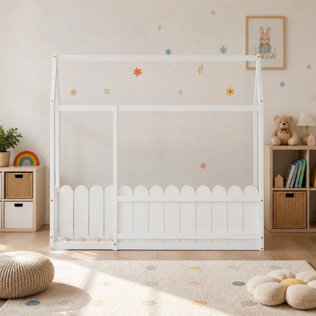 Kids Bed Frame Single House Shaped White Solid Pine Wood Sturdy Construction