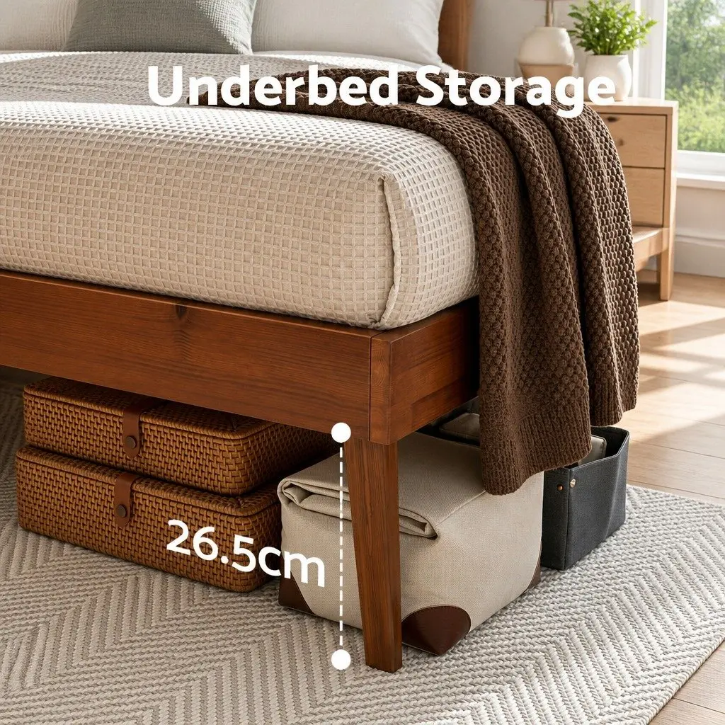 Wooden Bed Frame Queen Size Pinewood Walnut Colour Slatted Base Stable Legs