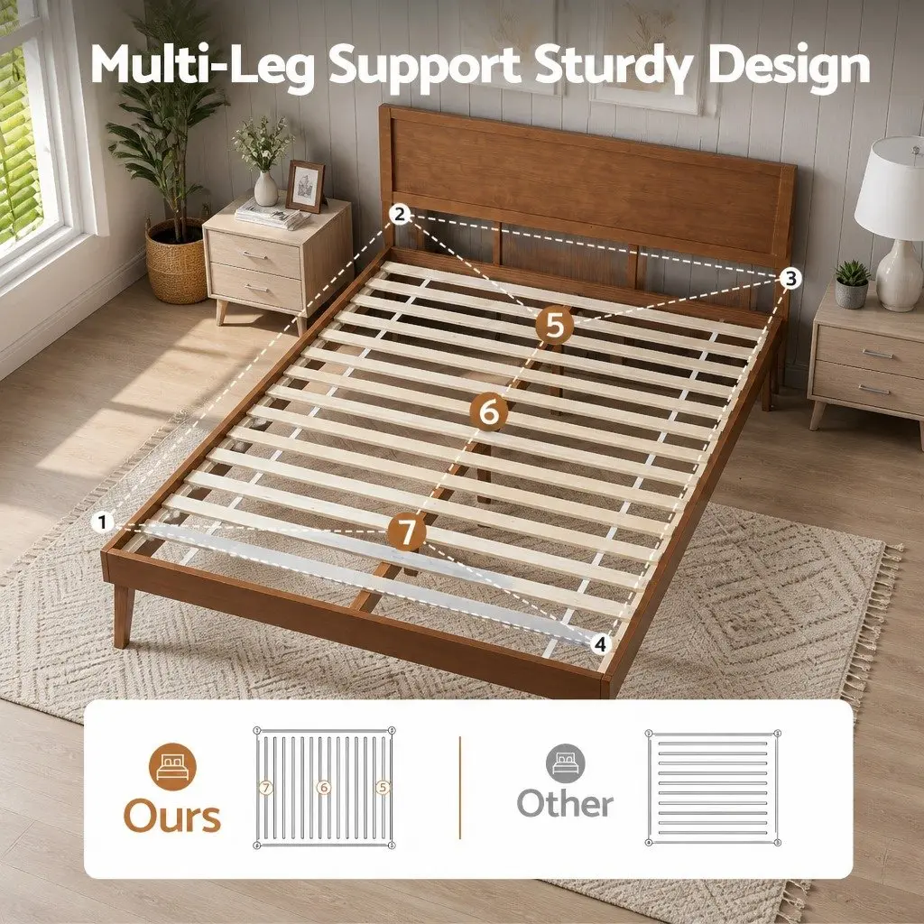 Wooden Bed Frame Queen Size Pinewood Walnut Colour Slatted Base Stable Legs