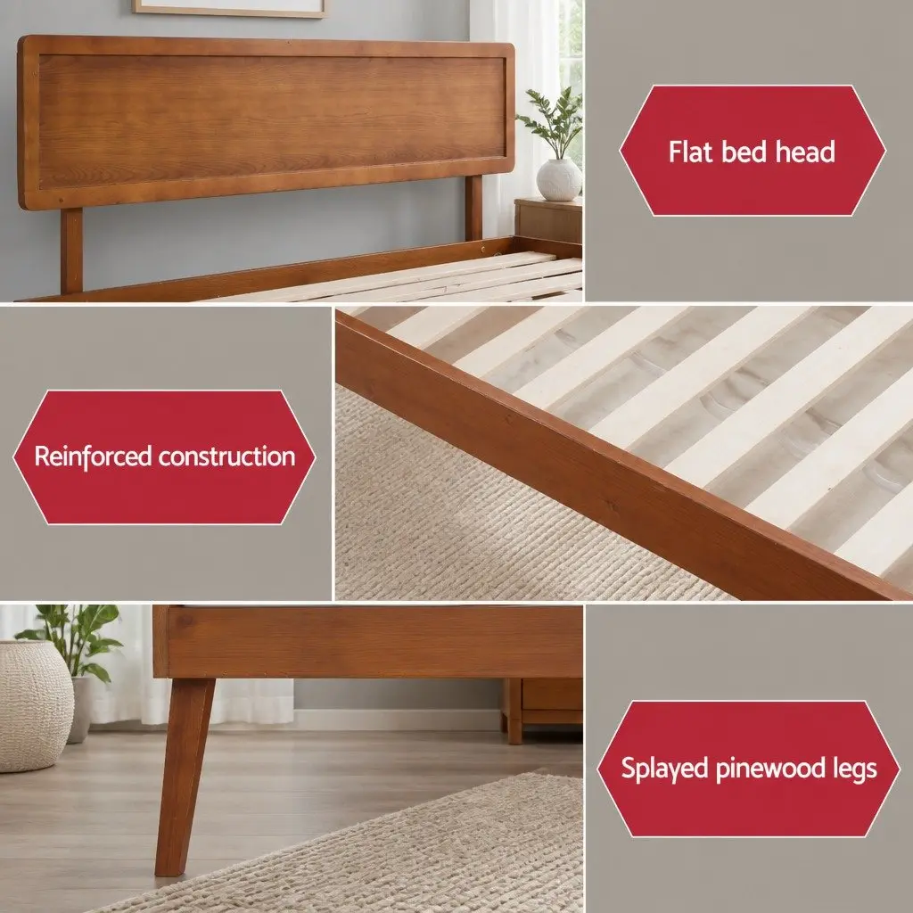 Wooden Bed Frame Queen Size Pinewood Walnut Colour Slatted Base Stable Legs
