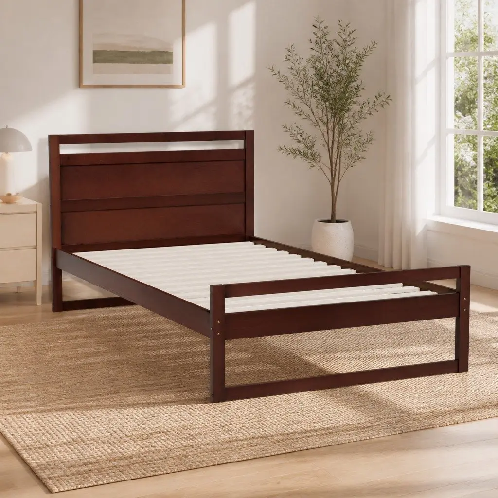 Wooden King Single Bed Frame Walnut Flat Head Rustic Style Pinewood Slatted Base