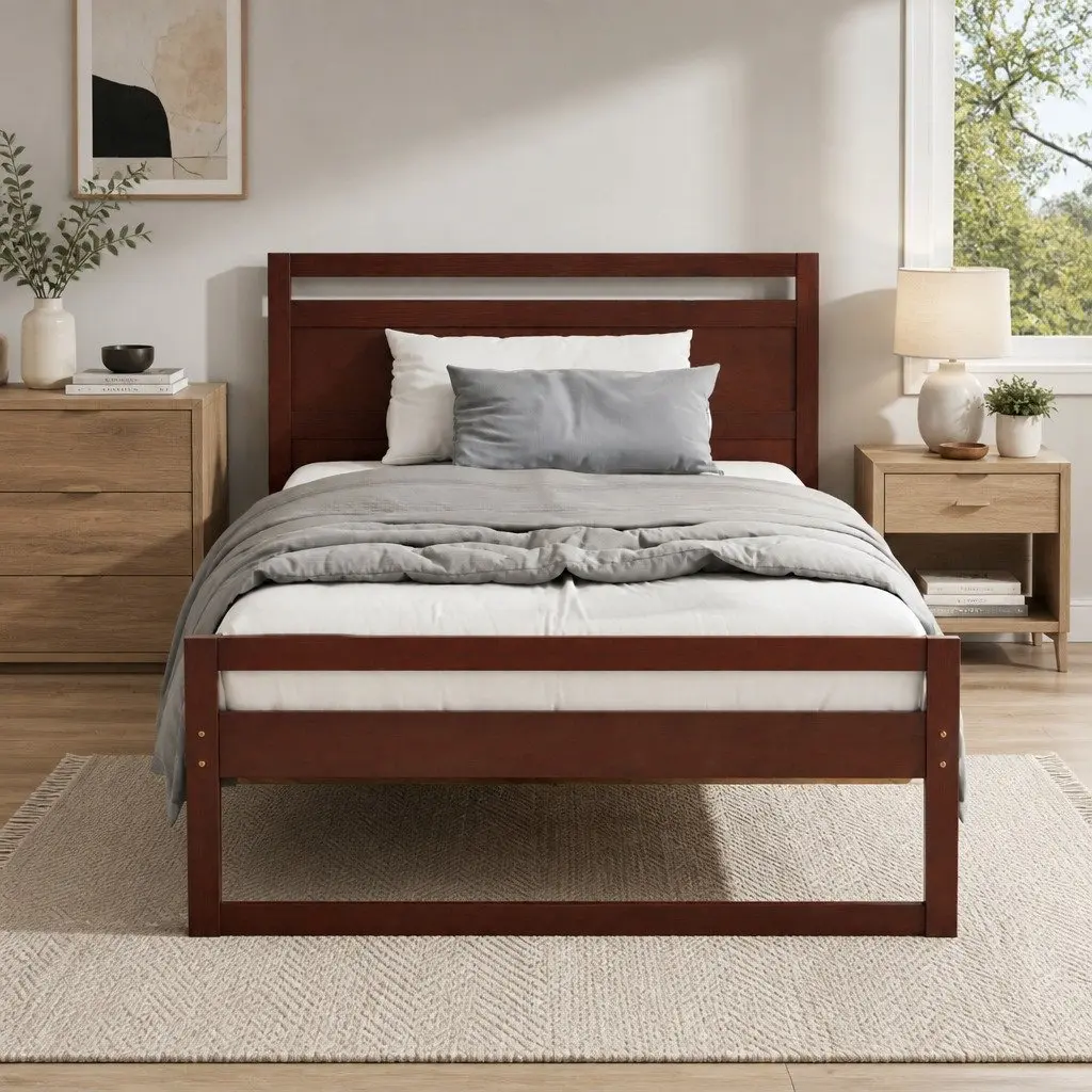 Wooden King Single Bed Frame Walnut Flat Head Rustic Style Pinewood Slatted Base