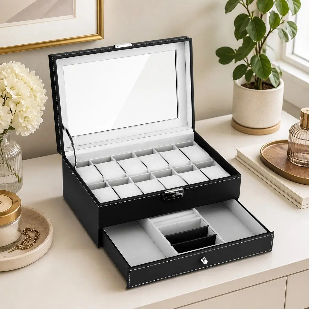 Watch Box Organizer 12 Grid Two-Tier Black Acrylic Lid Storage Case