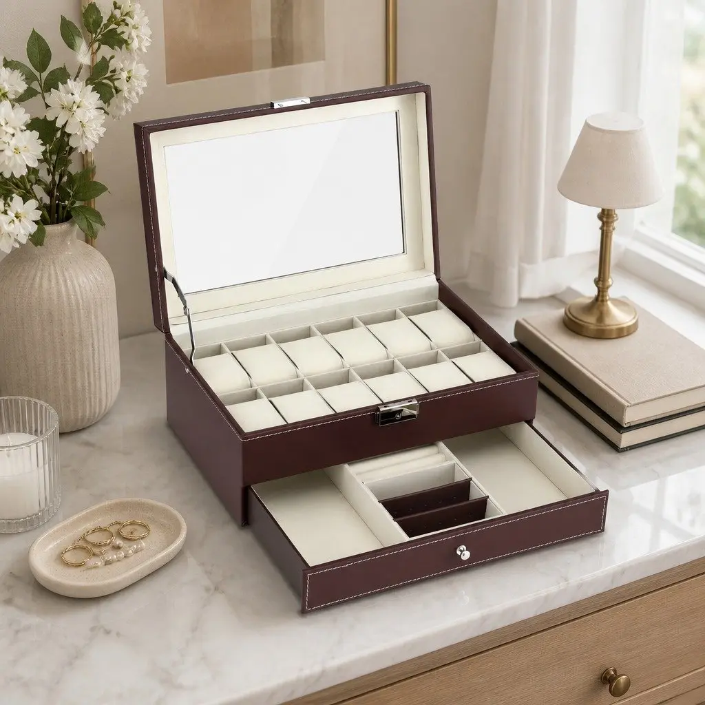 Watch Box Organizer Two-Tier Brown Clear Glass Display Storage for 12 Watches and Accessories