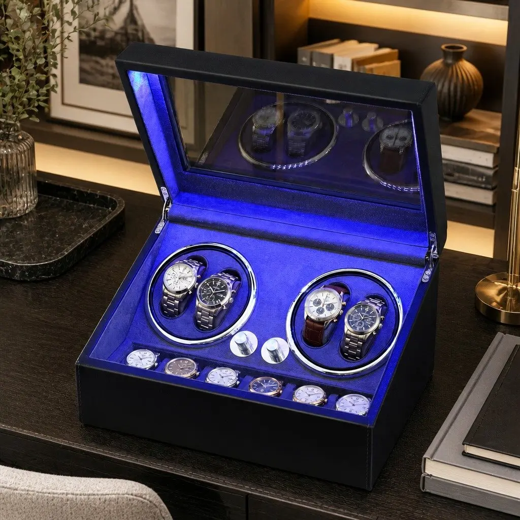 Automatic Watch Winder Dual Box LED Black Dual Rotation Storage Display Case