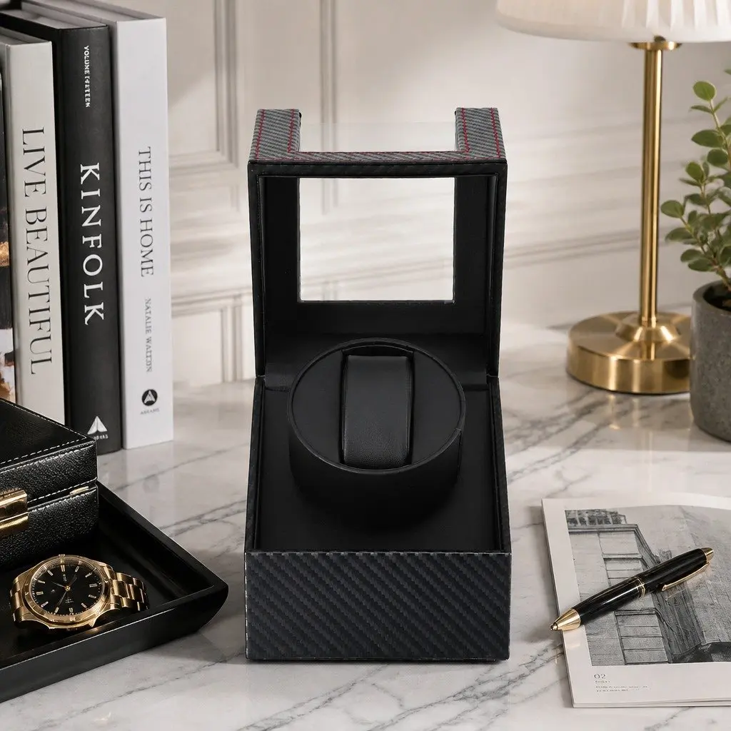 Watch Winder Box Automatic Single Quiet Motor Black Desktop Display Case