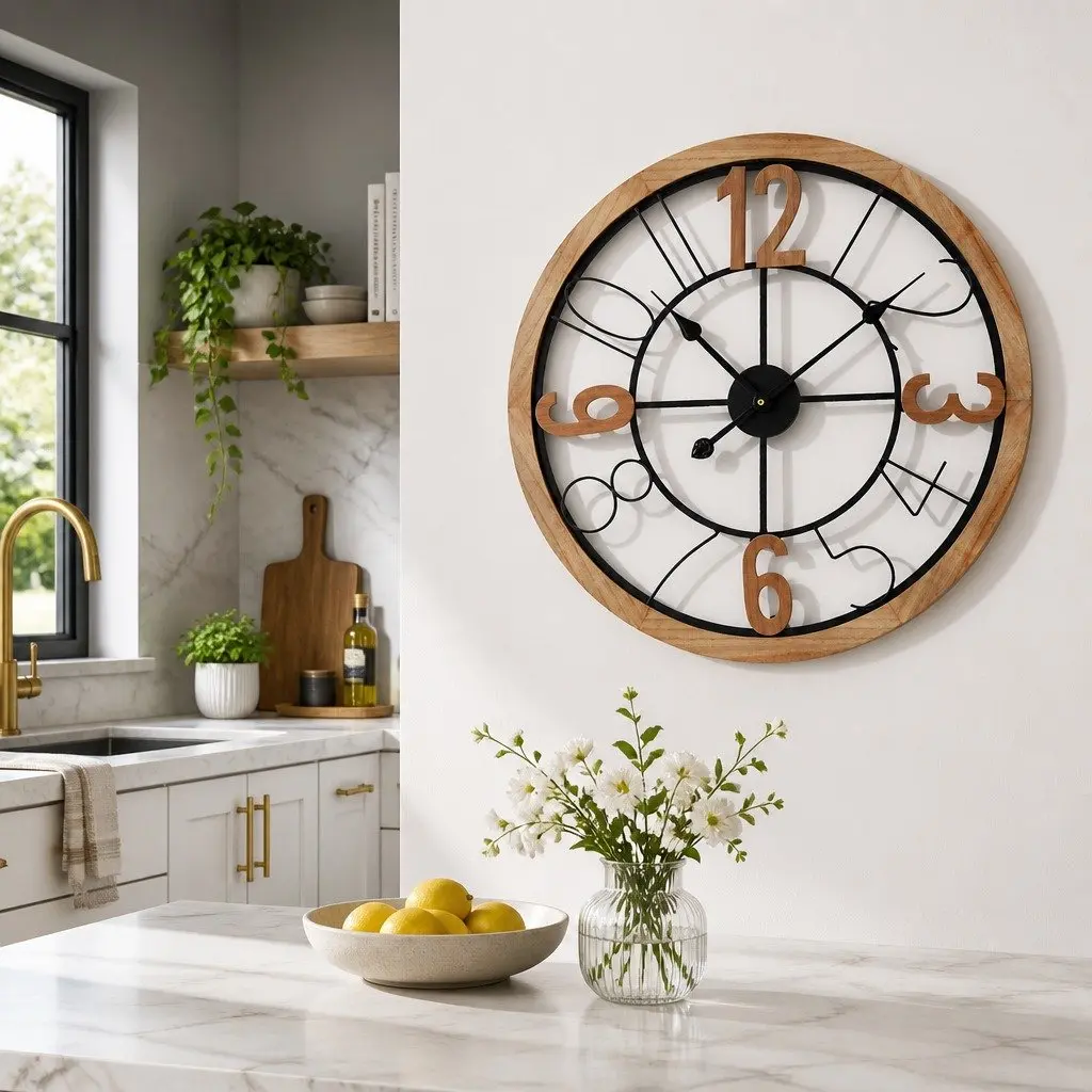 Wall Clock 60cm Metal and MDF Frame Black and Pine Large Arabic Numerals