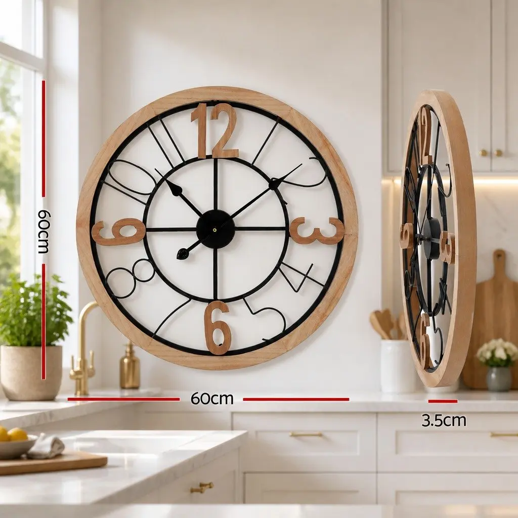 Wall Clock 60cm Metal and MDF Frame Black and Pine Large Arabic Numerals