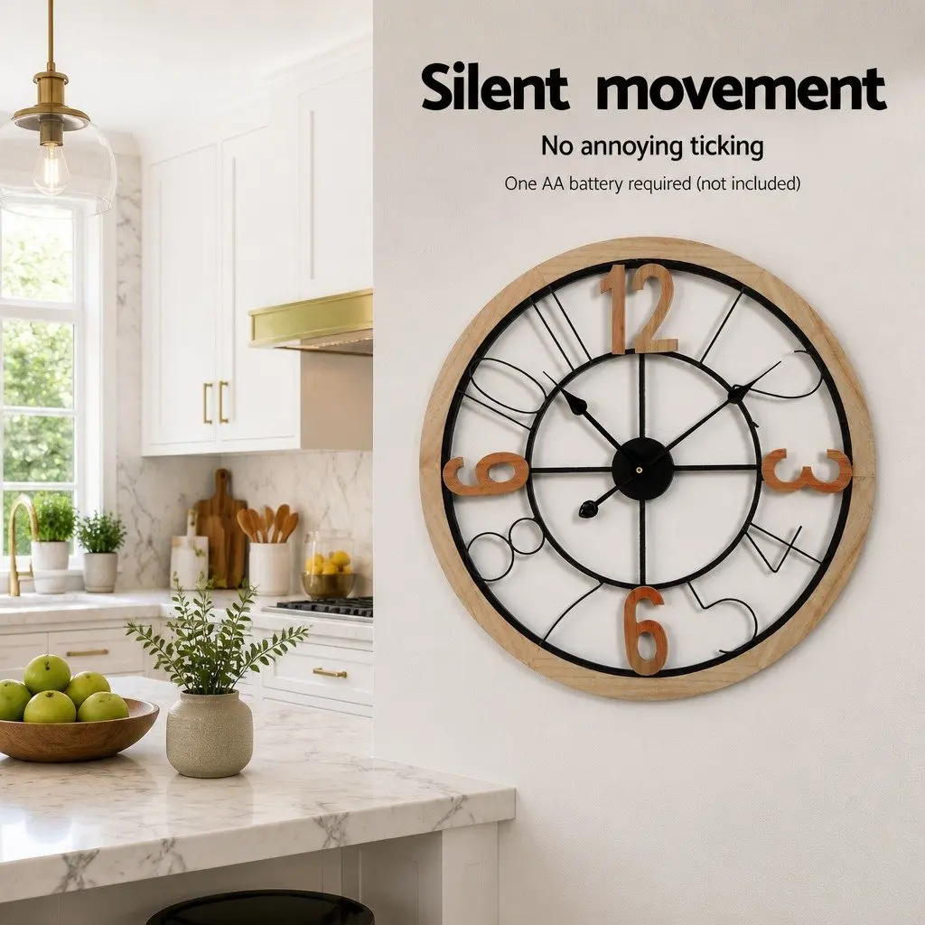 Wall Clock 60cm Metal and MDF Frame Black and Pine Large Arabic Numerals