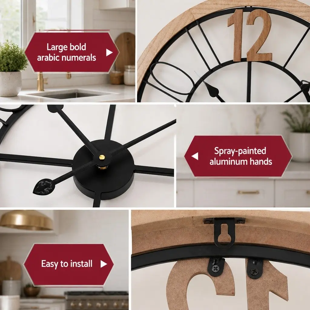 Wall Clock 60cm Metal and MDF Frame Black and Pine Large Arabic Numerals