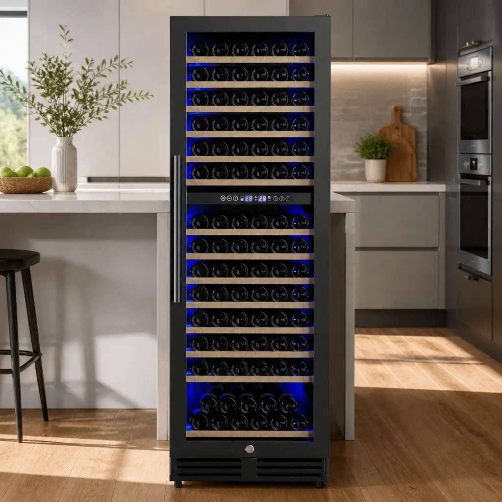 Wine Fridge Cooler 154 Bottles Dual Zone Black Compressor Refrigerant Wooden Racks
