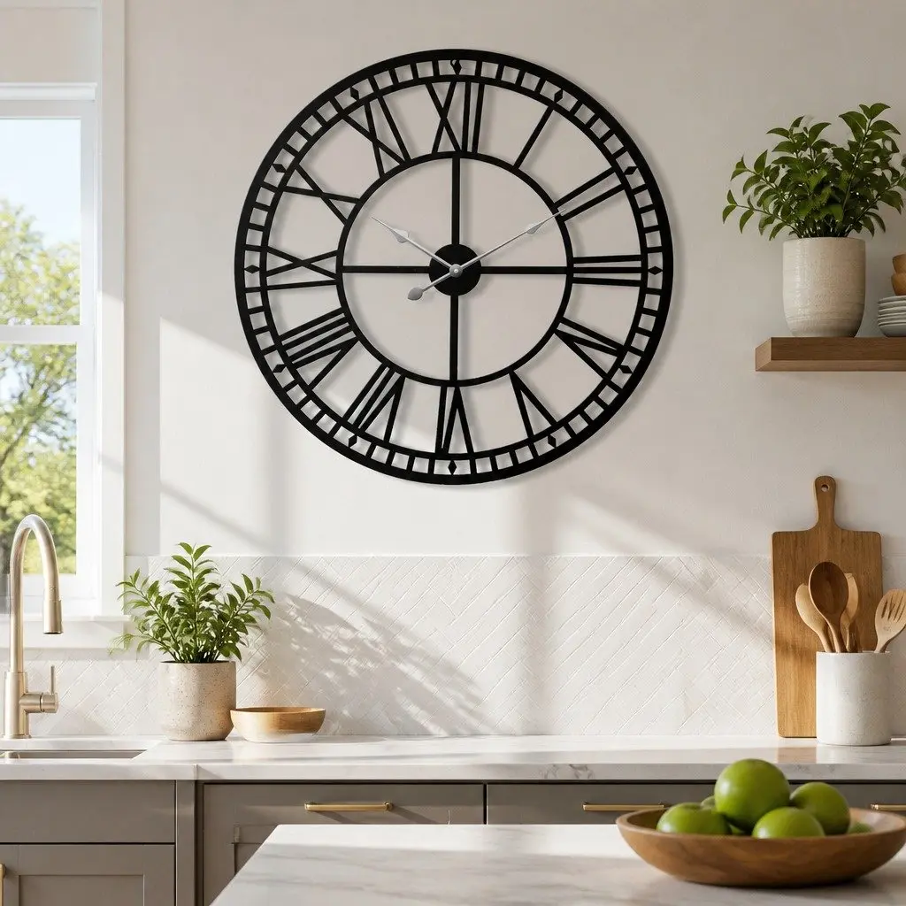 Wall Clock 60cm Black Metal Roman Numerals Northern European Style Home Decor