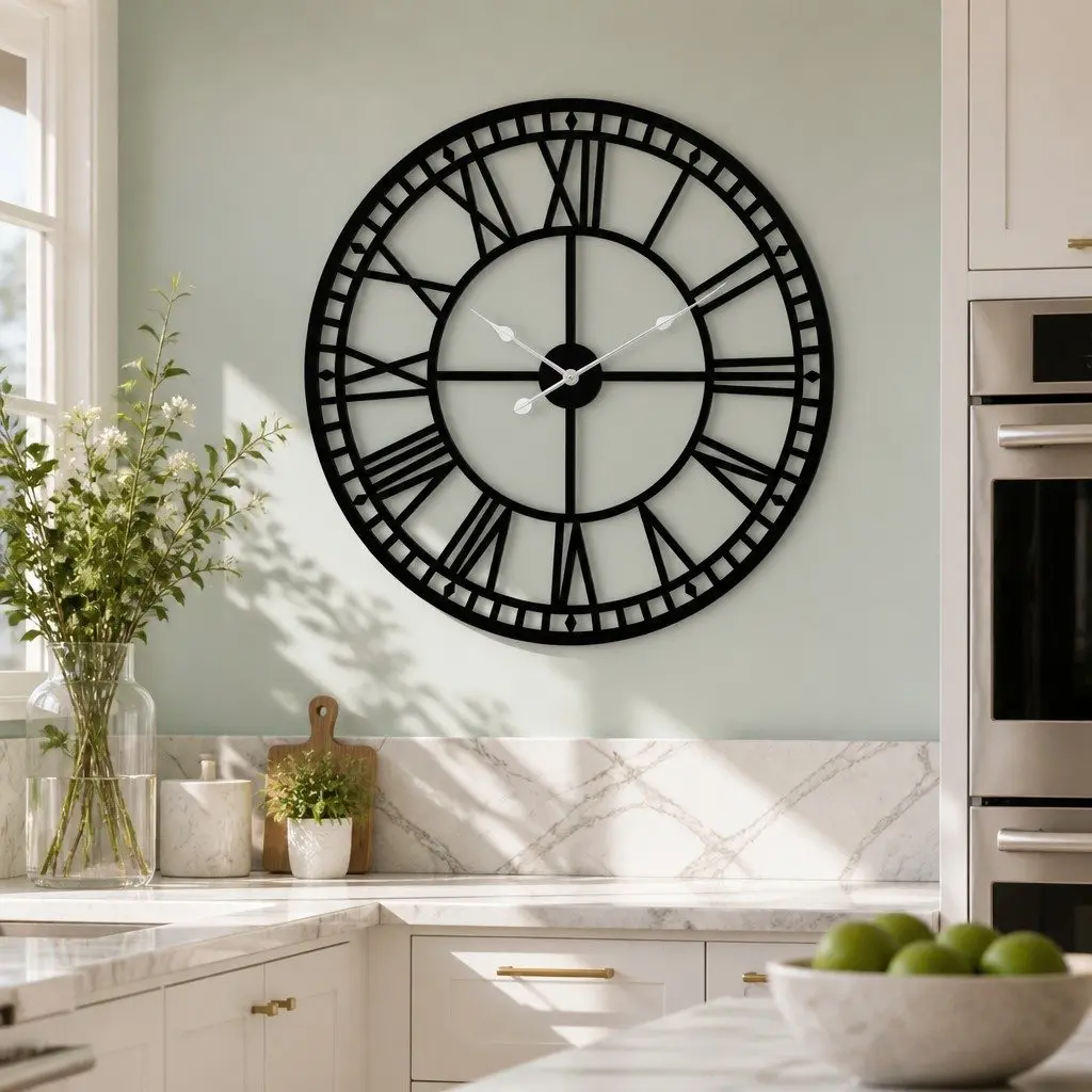 Large 80cm Metal Wall Clock Black Vintage Style with 3D Roman Numerals