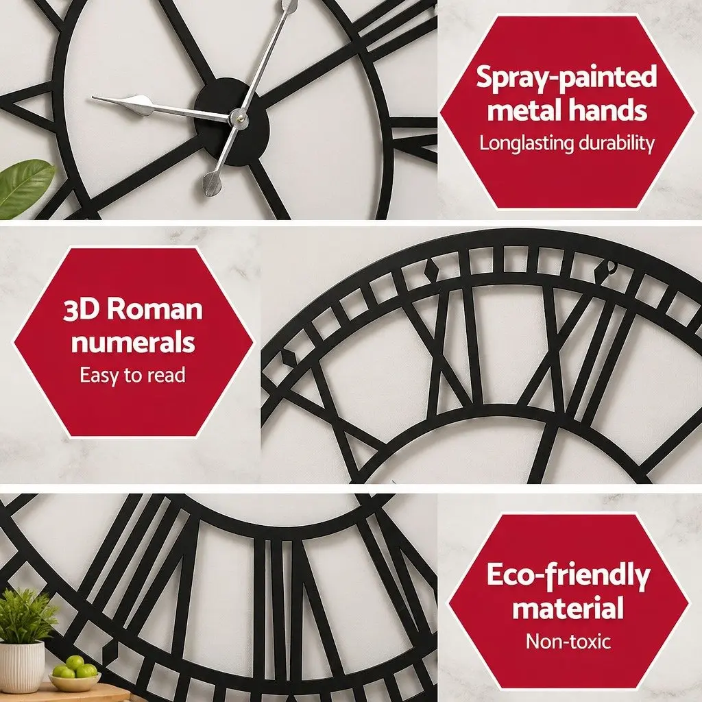 Large 80cm Metal Wall Clock Black Vintage Style with 3D Roman Numerals