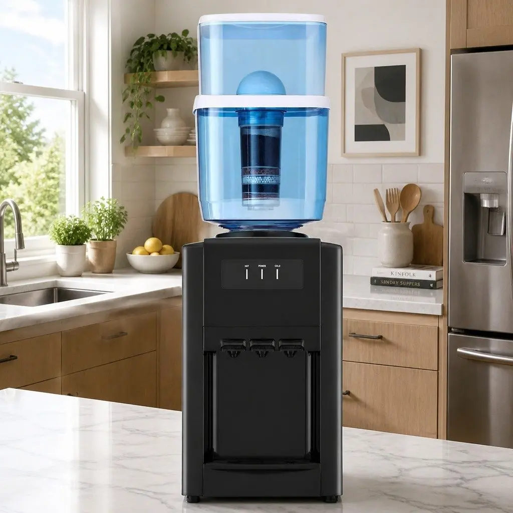 22L Water Cooler Dispenser Benchtop Three Taps Hot Cold Room Temperature Filter