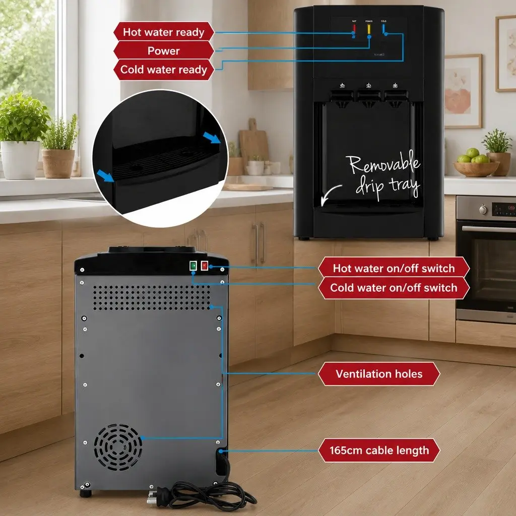 22L Water Cooler Dispenser Benchtop Three Taps Hot Cold Room Temperature Filter