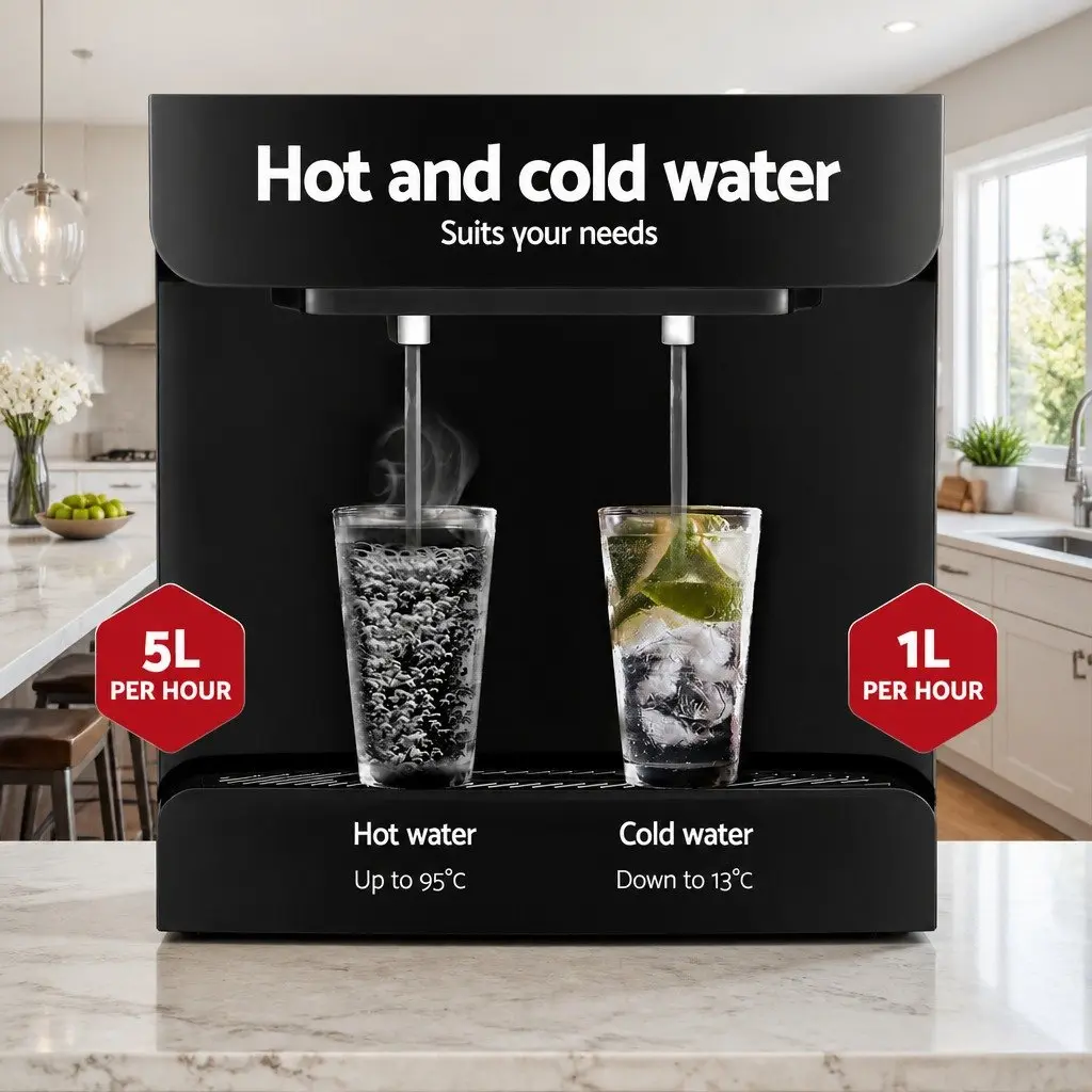 Water Dispenser Top Loading Black Dual Taps Hot Cold Adjustable Tray Child Lock