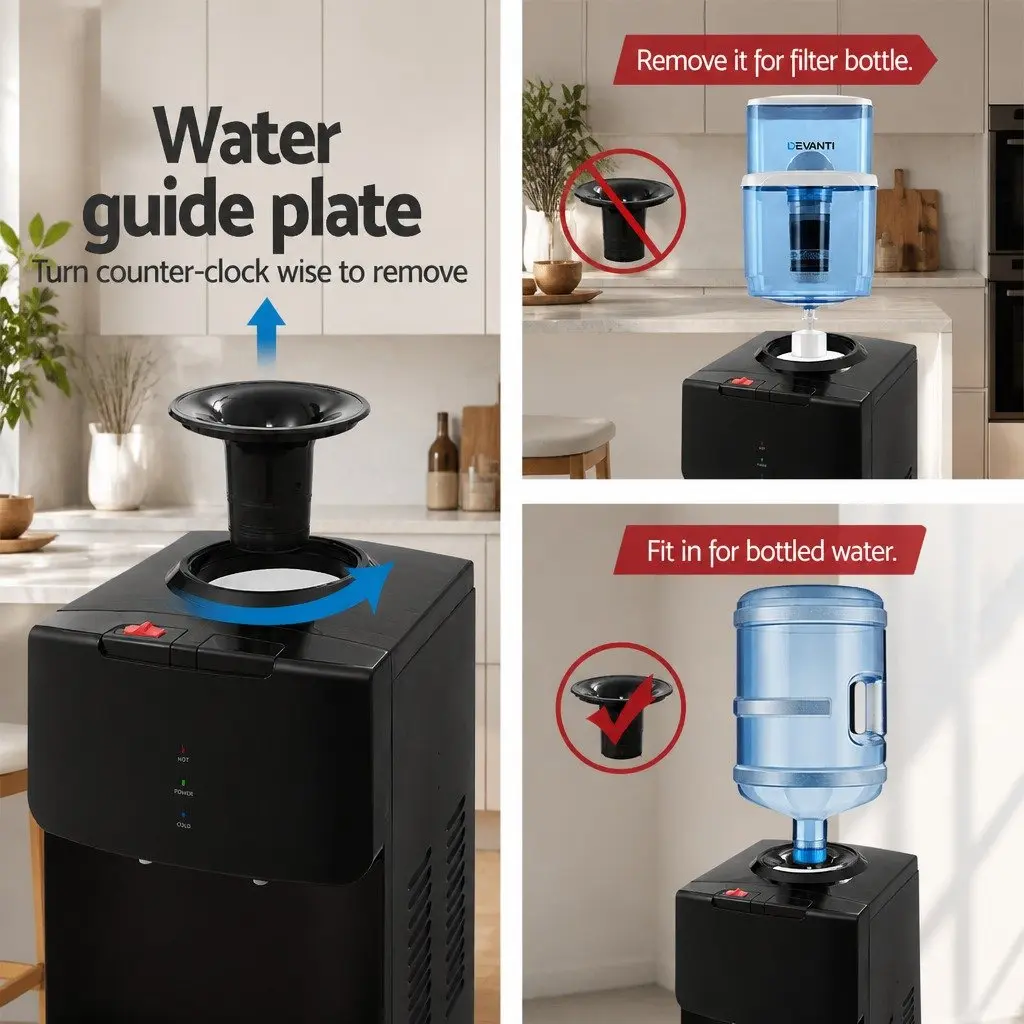 Water Dispenser Top Loading Black Dual Taps Hot Cold Adjustable Tray Child Lock