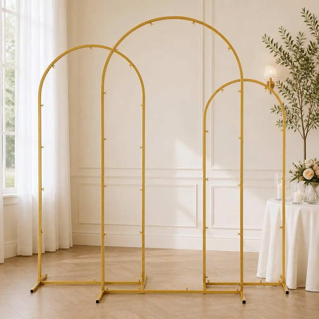 Wedding Arch Backdrop Stand Set 3 Piece Metal Frame Gold Suitable for Indoor and Outdoor Use