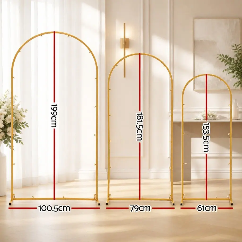 Wedding Arch Backdrop Stand Set 3 Piece Metal Frame Gold Suitable for Indoor and Outdoor Use