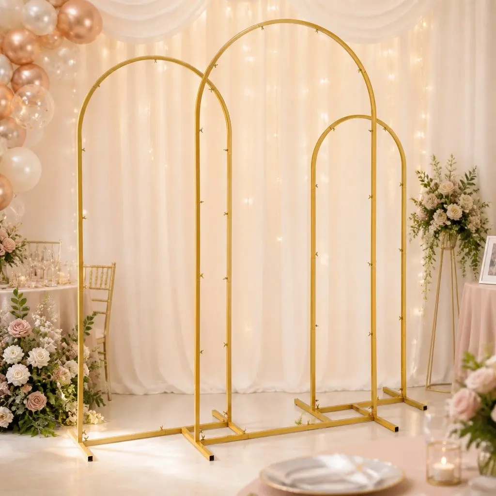 Wedding Arch Backdrop Stand Set 3 Piece Metal Frame Gold Suitable for Indoor and Outdoor Use