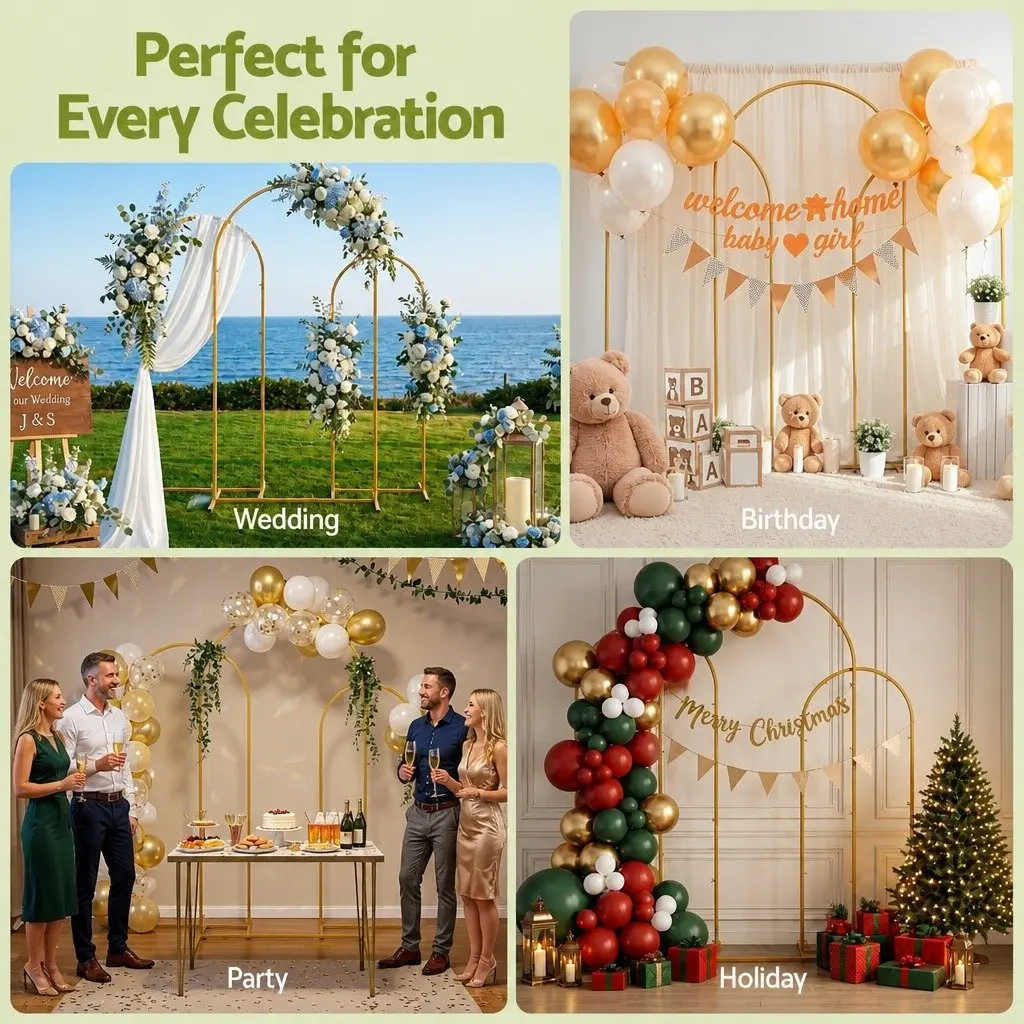 Wedding Arch Backdrop Stand Set 3 Piece Metal Frame Gold Suitable for Indoor and Outdoor Use