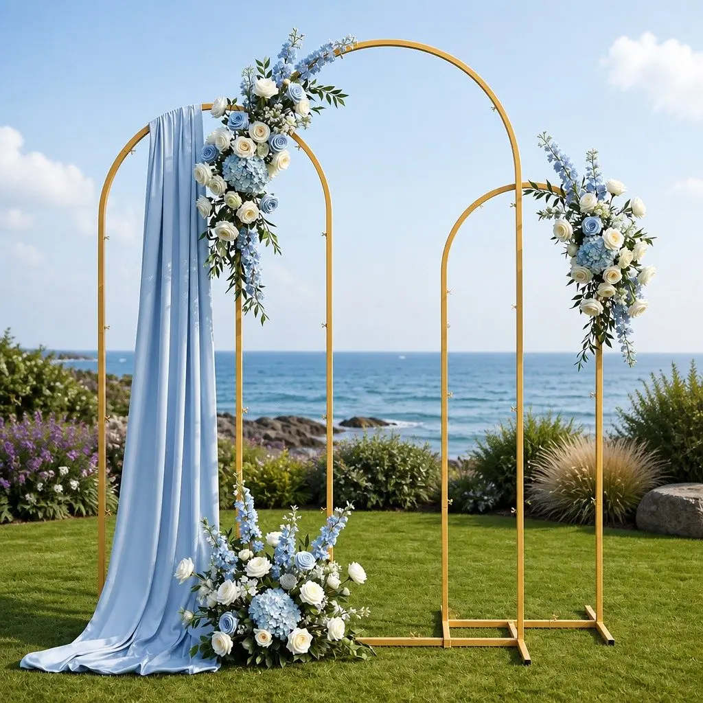 Wedding Arch Backdrop Stand Set 3 Piece Metal Frame Gold Suitable for Indoor and Outdoor Use