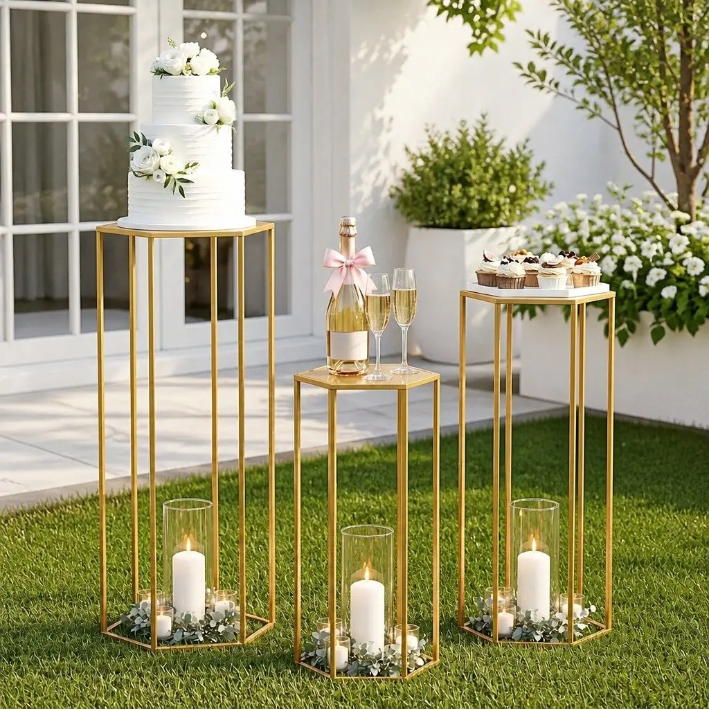 3 Piece Hexagon Wedding Stand Set Metal Pedestal Backdrop Display Plinth Gold