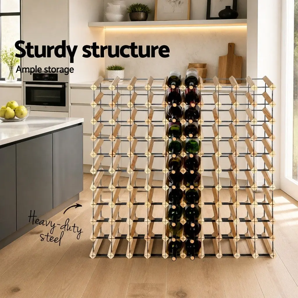Wine Rack 110 Bottle Storage Holder Pine Wood Steel Frame
