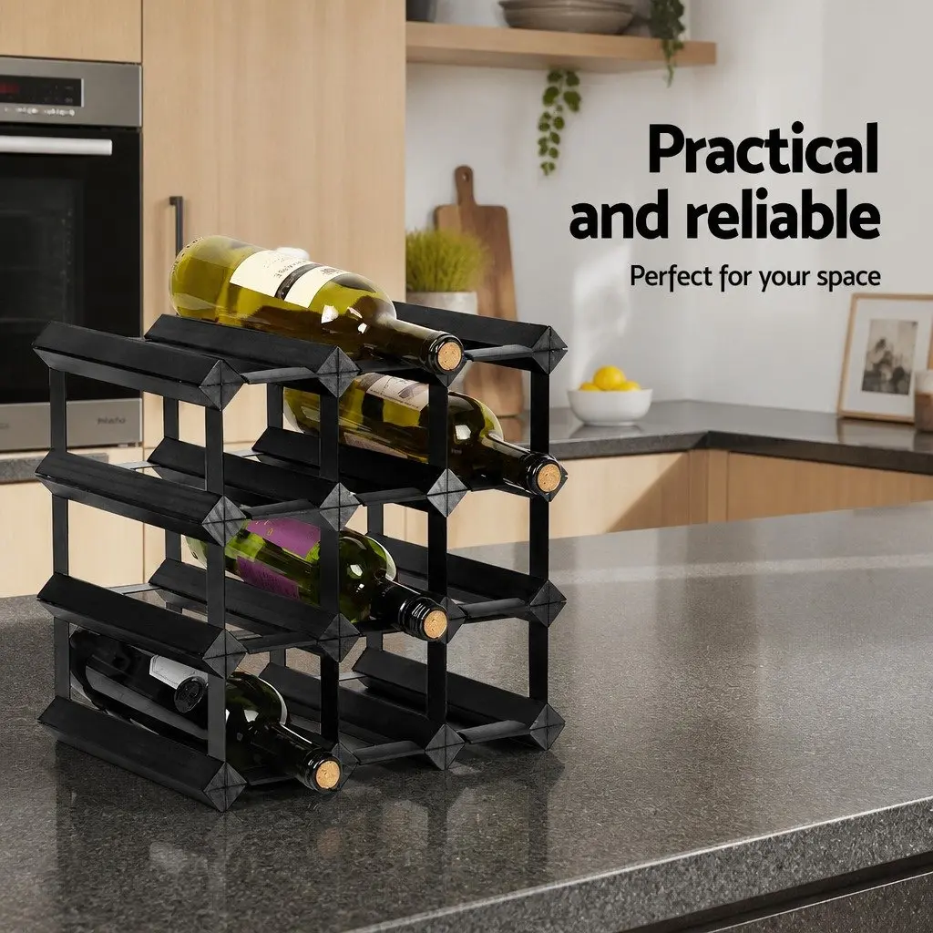 Wine Rack 12 Bottle Black Timber Storage Display Stand for Home Kitchen Cellar