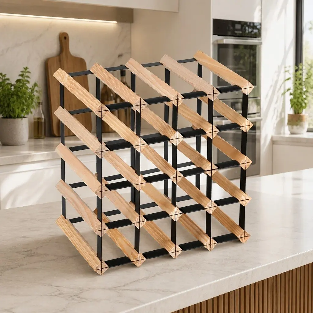 Wine Rack 20 Bottle Pine Wood Steel Frame Storage Display Organiser
