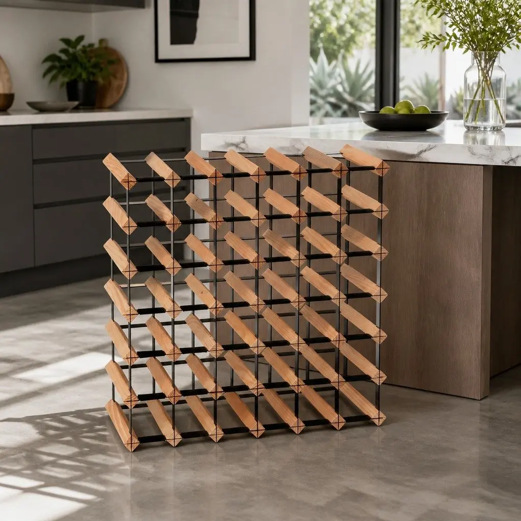 Wine Rack 42 Bottle Storage Pine Wood Steel Frame Organiser Kitchen Cellar Bar