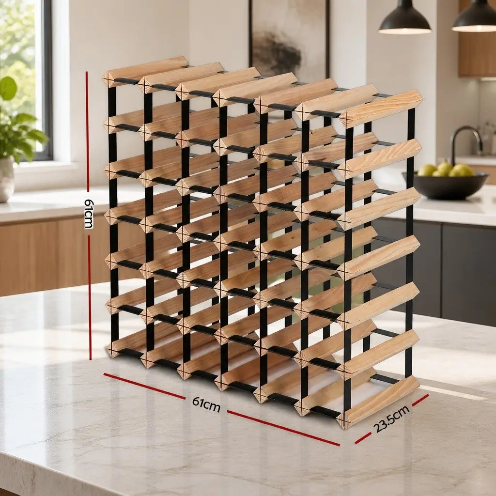 Wine Rack 42 Bottle Storage Pine Wood Steel Frame Organiser Kitchen Cellar Bar