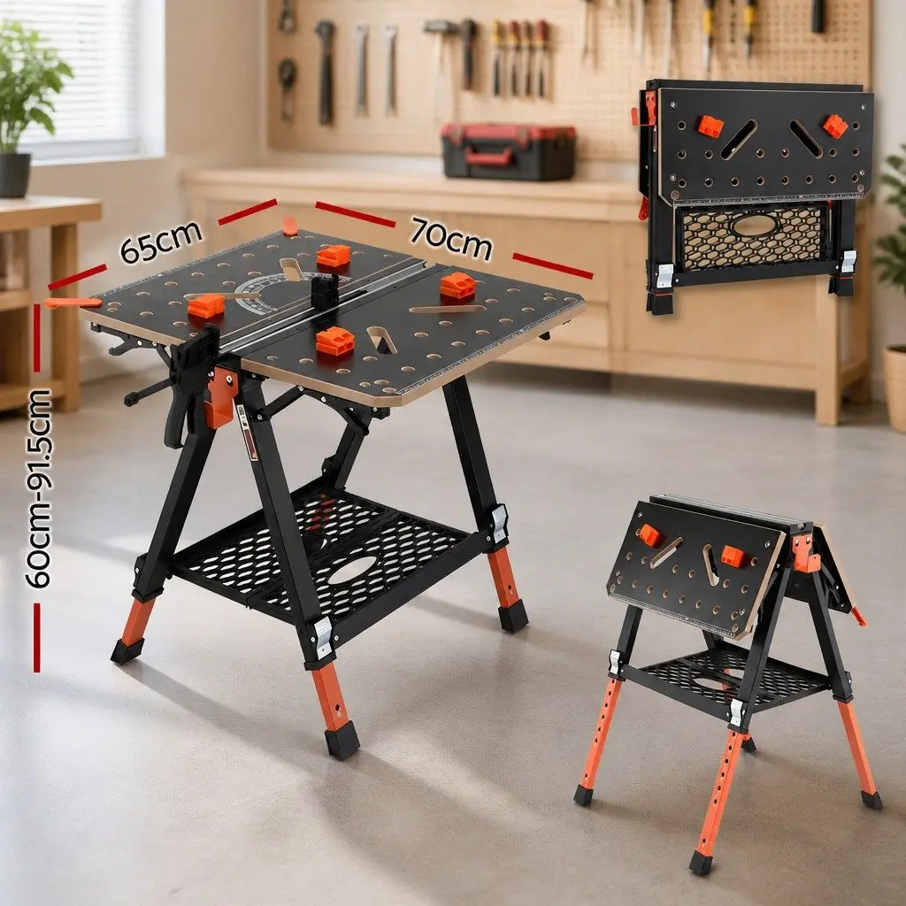 Portable Folding Work Table Adjustable Height Heavy-Duty Steel Frame