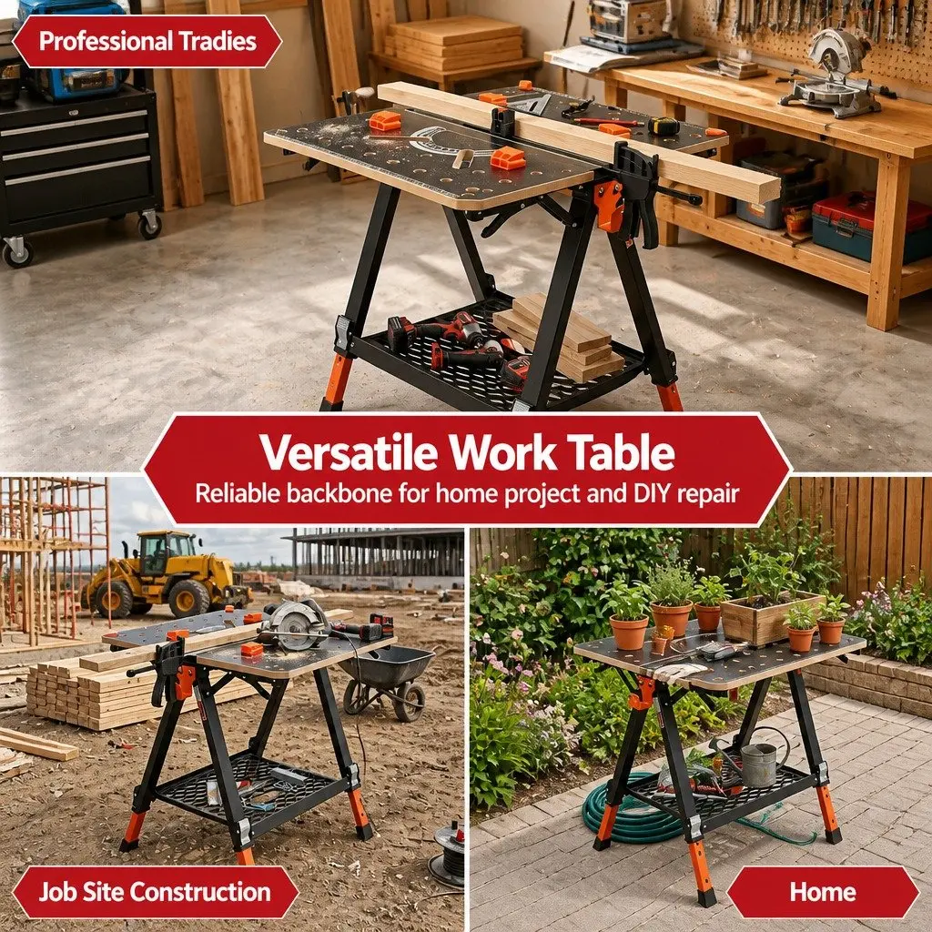 Portable Folding Work Table Adjustable Height Heavy-Duty Steel Frame