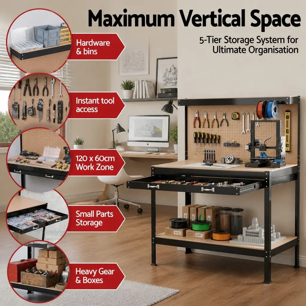 Workbench 120cm Ultra-Wide Drawer Integrated Pegboard Storage