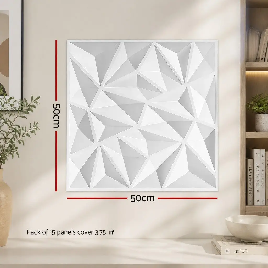 3D Wall Panels 50x50cm Diamond Pattern Decorative PVC Set 15 White
