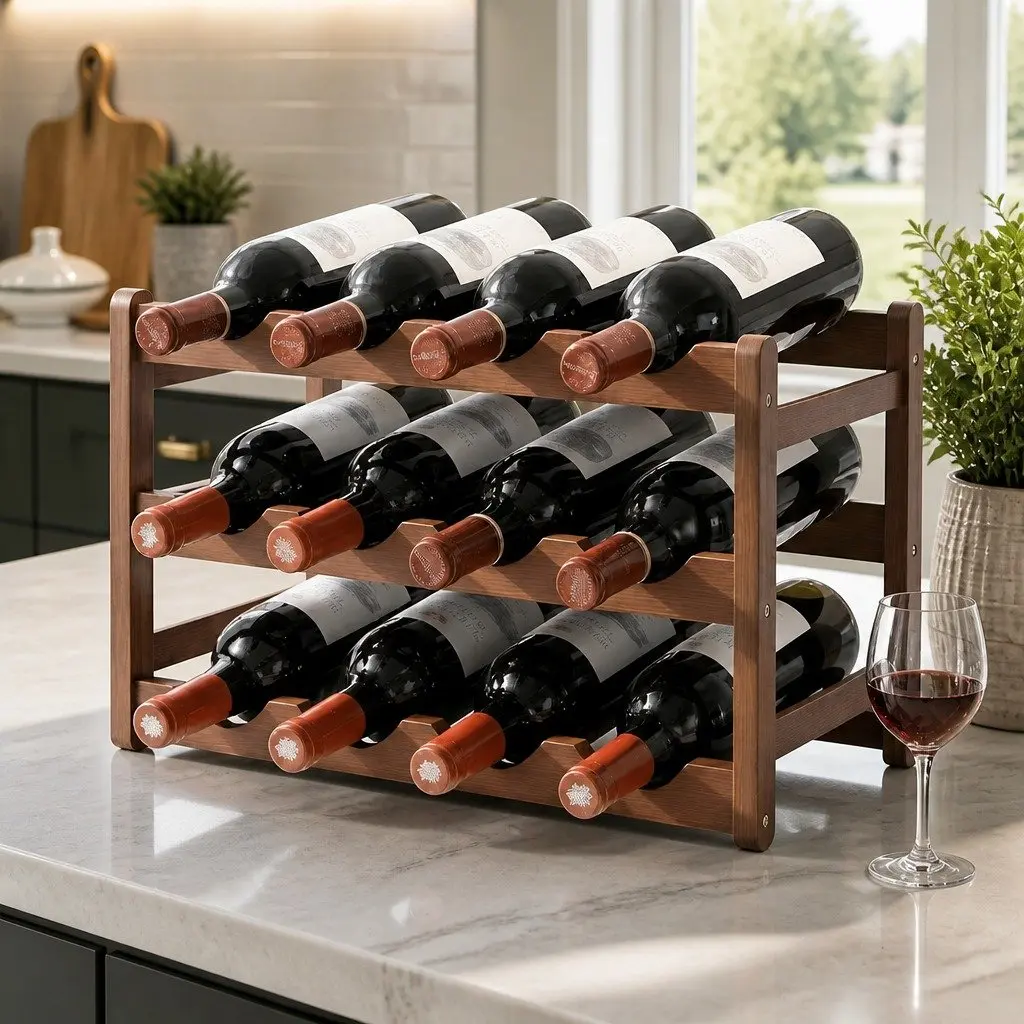 3-Tier Bamboo Wine Rack 12 Bottle Free-Standing Storage Organizer Walnut