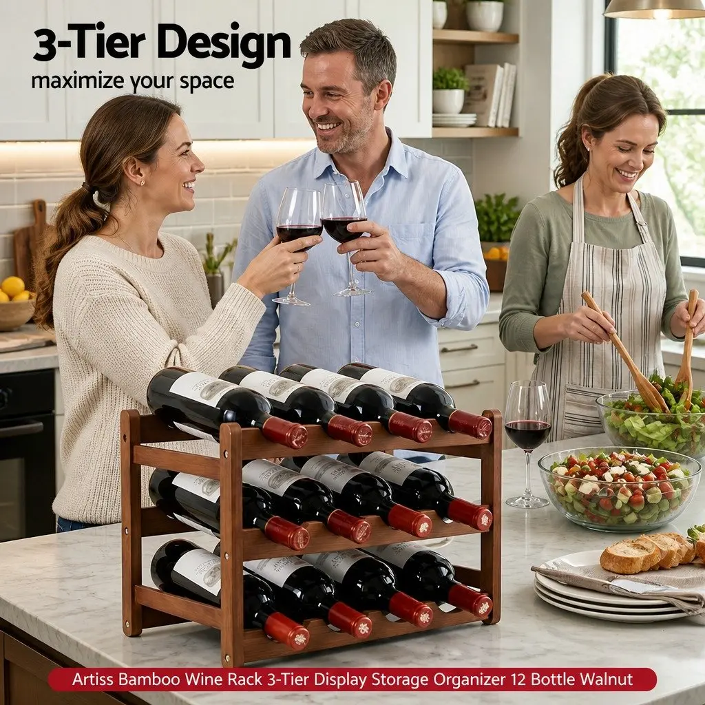 3-Tier Bamboo Wine Rack 12 Bottle Free-Standing Storage Organizer Walnut