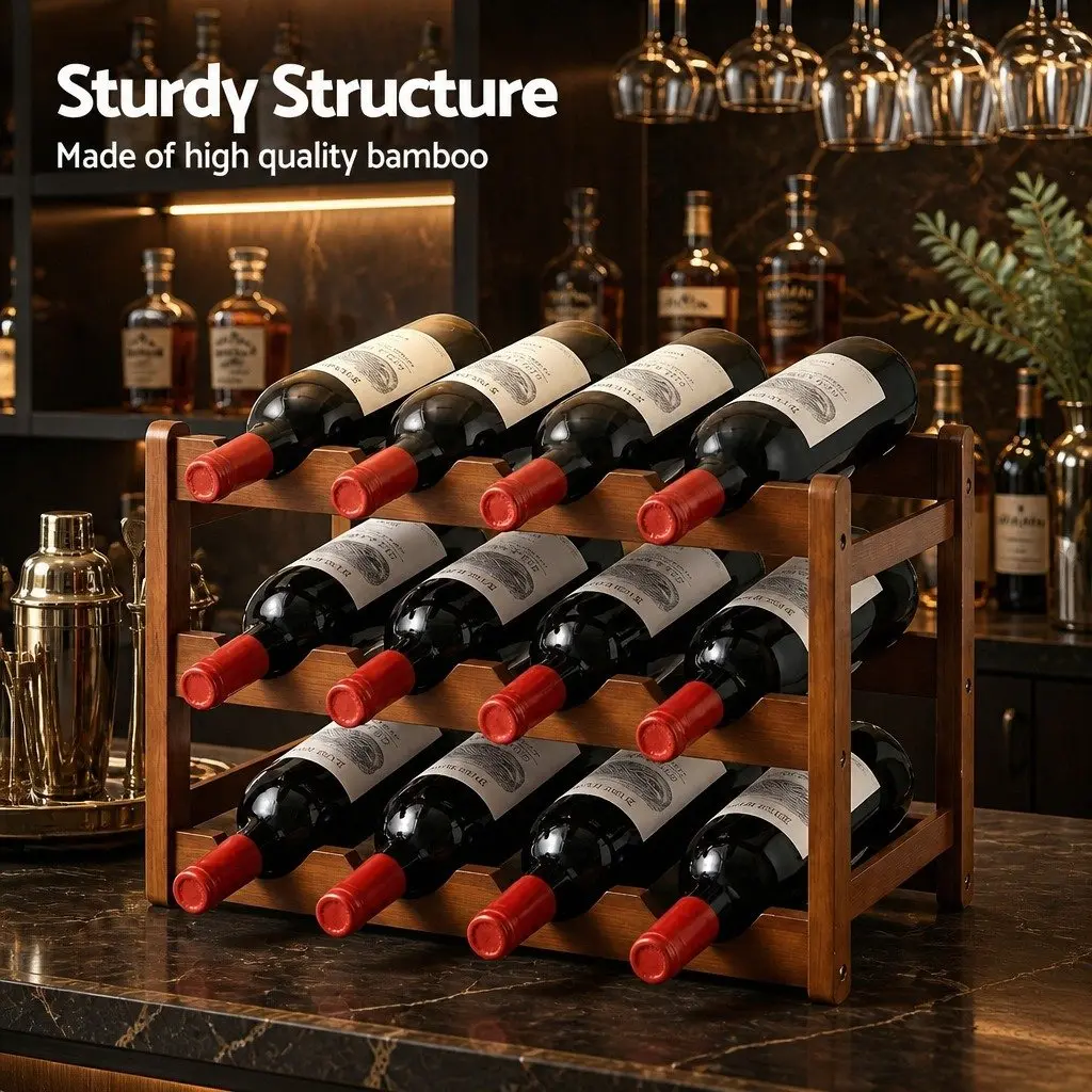 3-Tier Bamboo Wine Rack 12 Bottle Free-Standing Storage Organizer Walnut