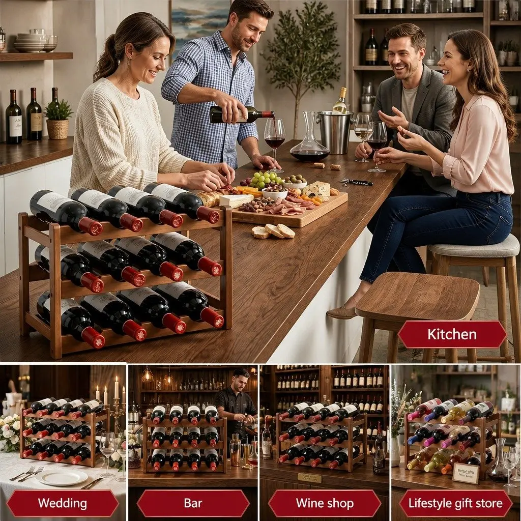 3-Tier Bamboo Wine Rack 12 Bottle Free-Standing Storage Organizer Walnut