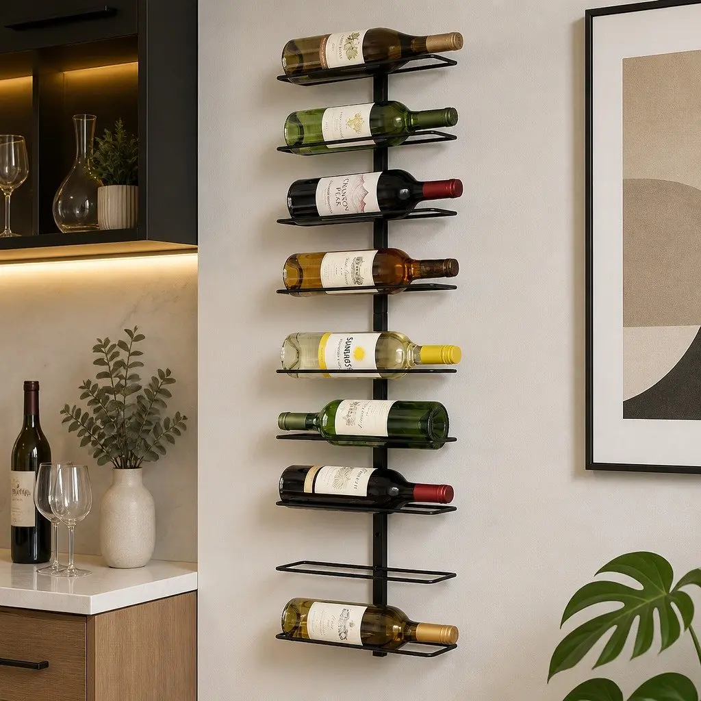 Wall Mounted Wine Rack 9 Bottles Black Metal Vertical Storage Organizer